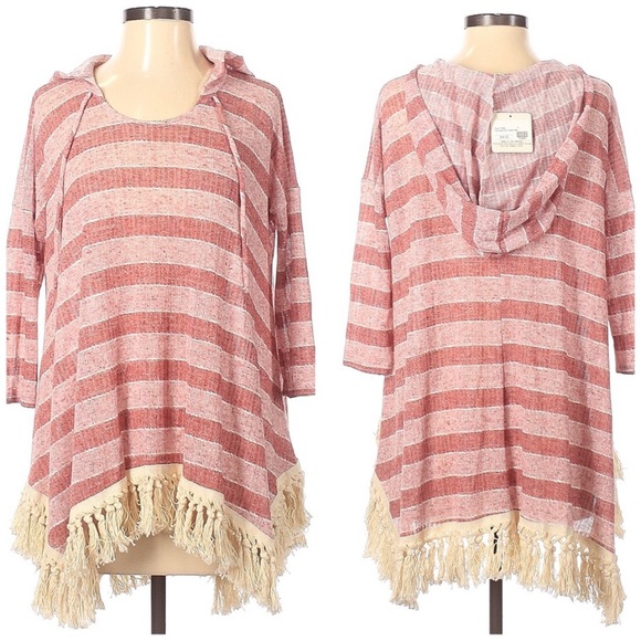 orange creek Tops - Orange Creek Boho Hooded Striped  Fringe Beach Poncho Style Tunic Top Size S NEW